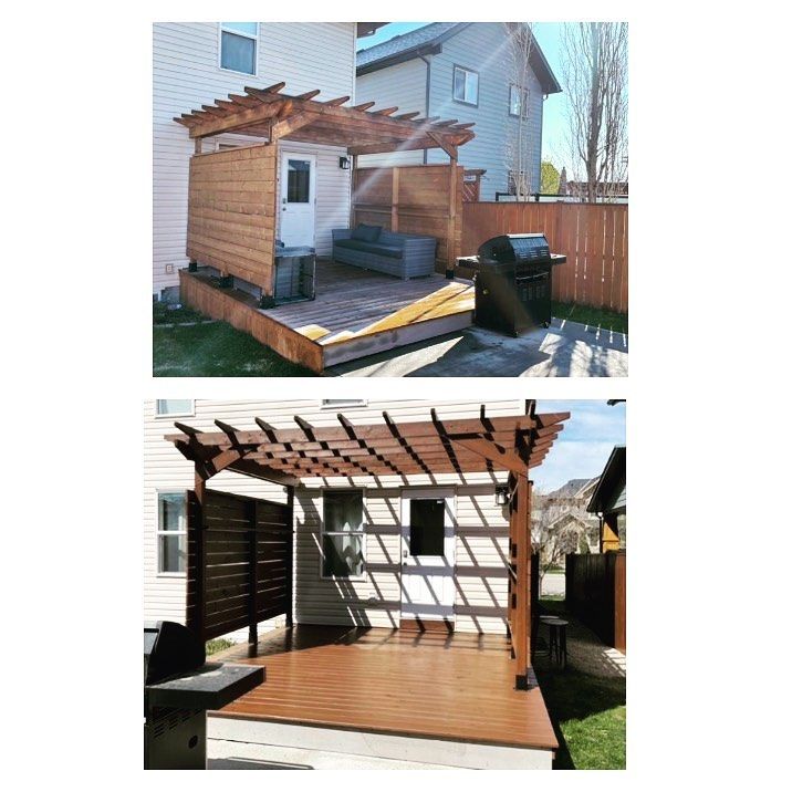 A before and after picture of a pergola in a backyard.