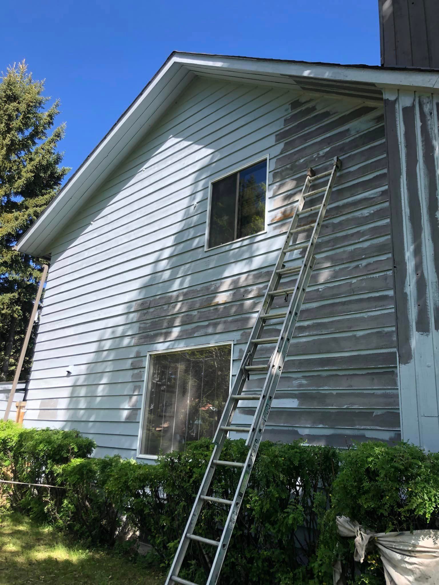 A house is being painted with a ladder attached to it.