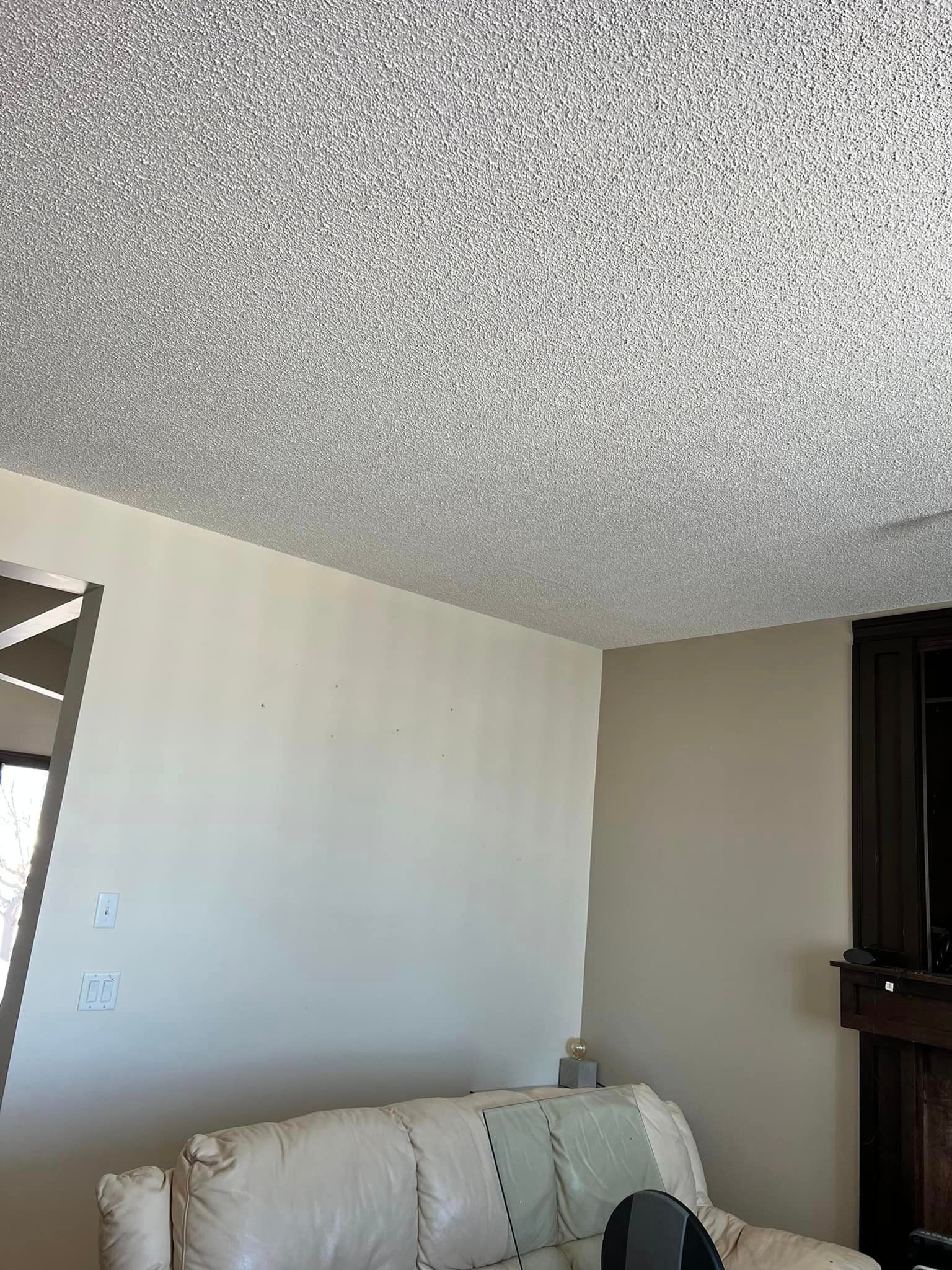 A living room with a white couch and a white ceiling.