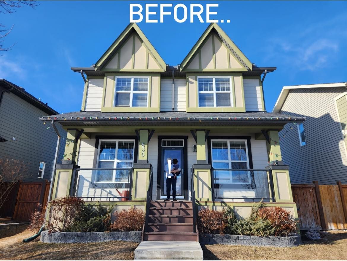A before picture of a house with a man standing in front of it