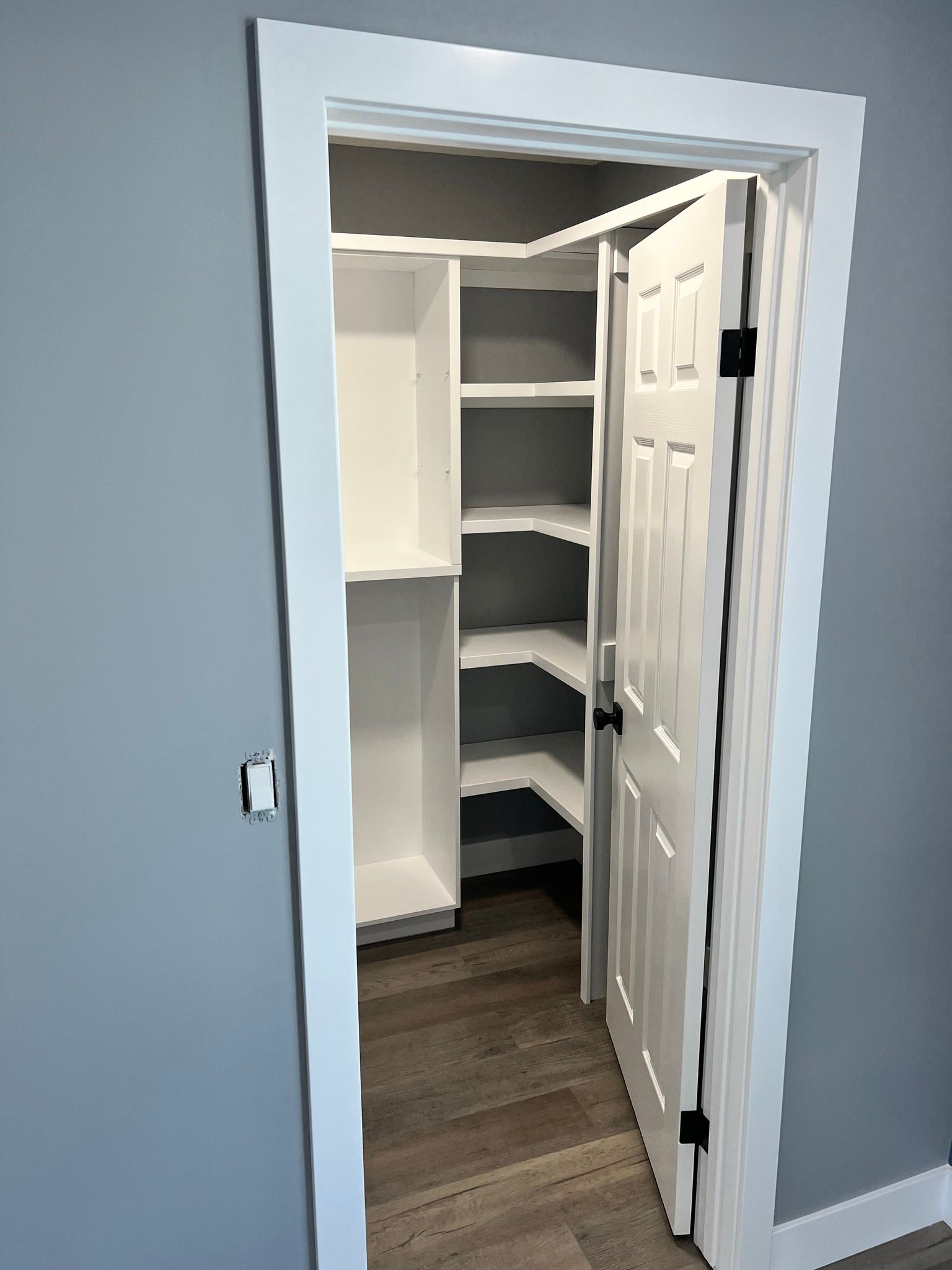 A walk in closet with a white door and shelves in a room.