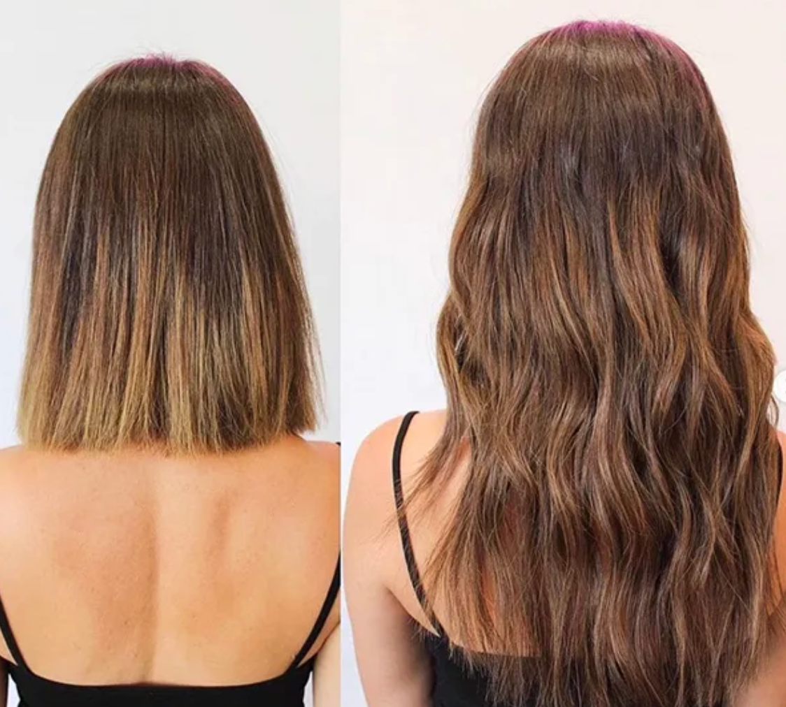 A before and after photo of a woman 's hair
