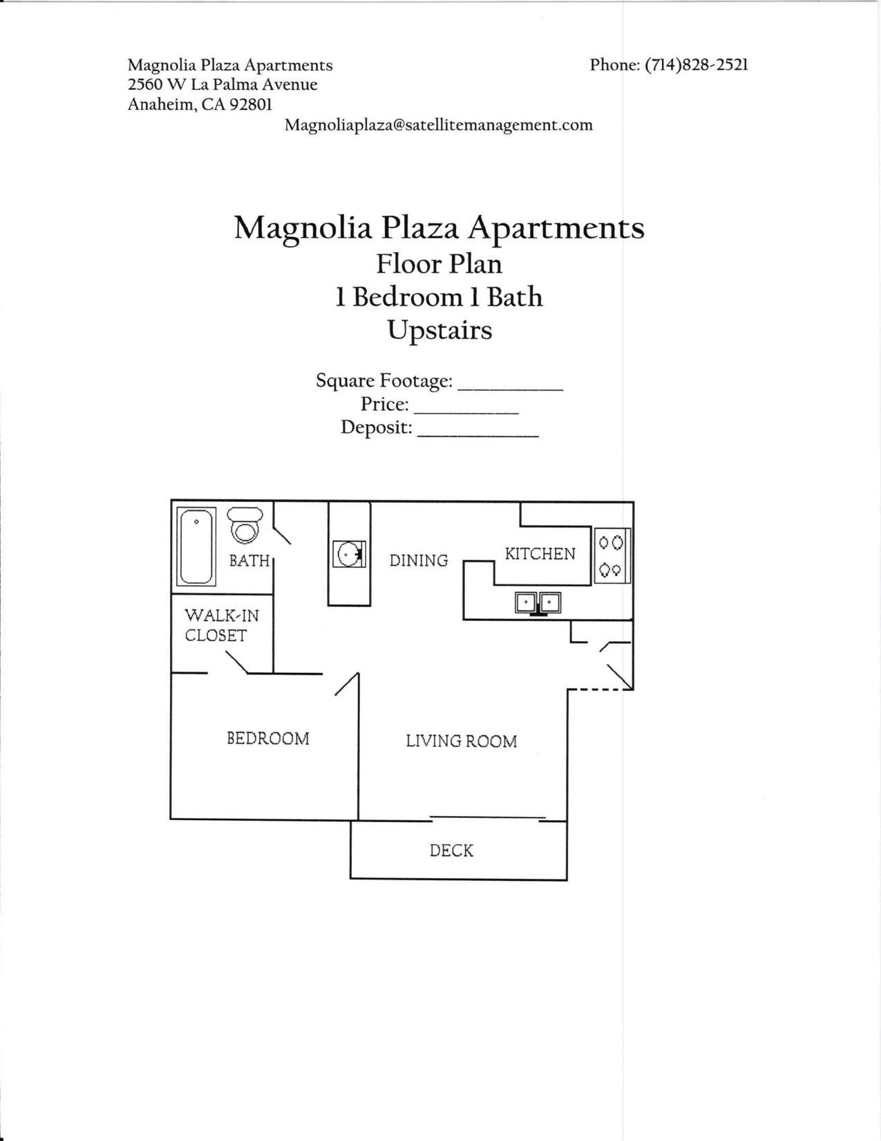 Magnolia Plaza Apartment floorplan example 1 bed 1 bath upstairs