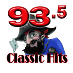93.5 Classic Hits radio station logo: Cartoon pirate with microphone, red numbers, black text.