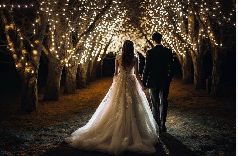 A bride and groom are walking through a tunnel of lights.