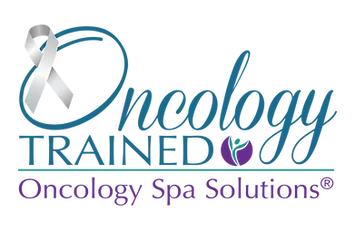 Logo for Oncology Spa Solutions. Features a silver ribbon, blue text, and purple accents.