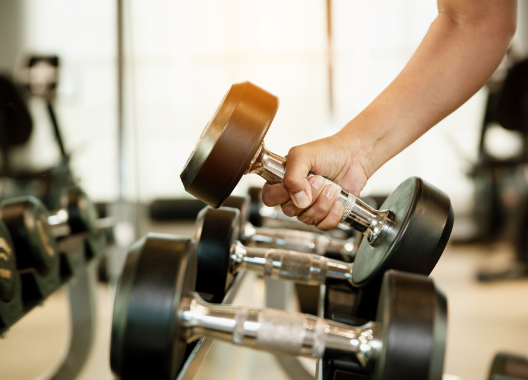 A person is holding a dumbbell in a gym.