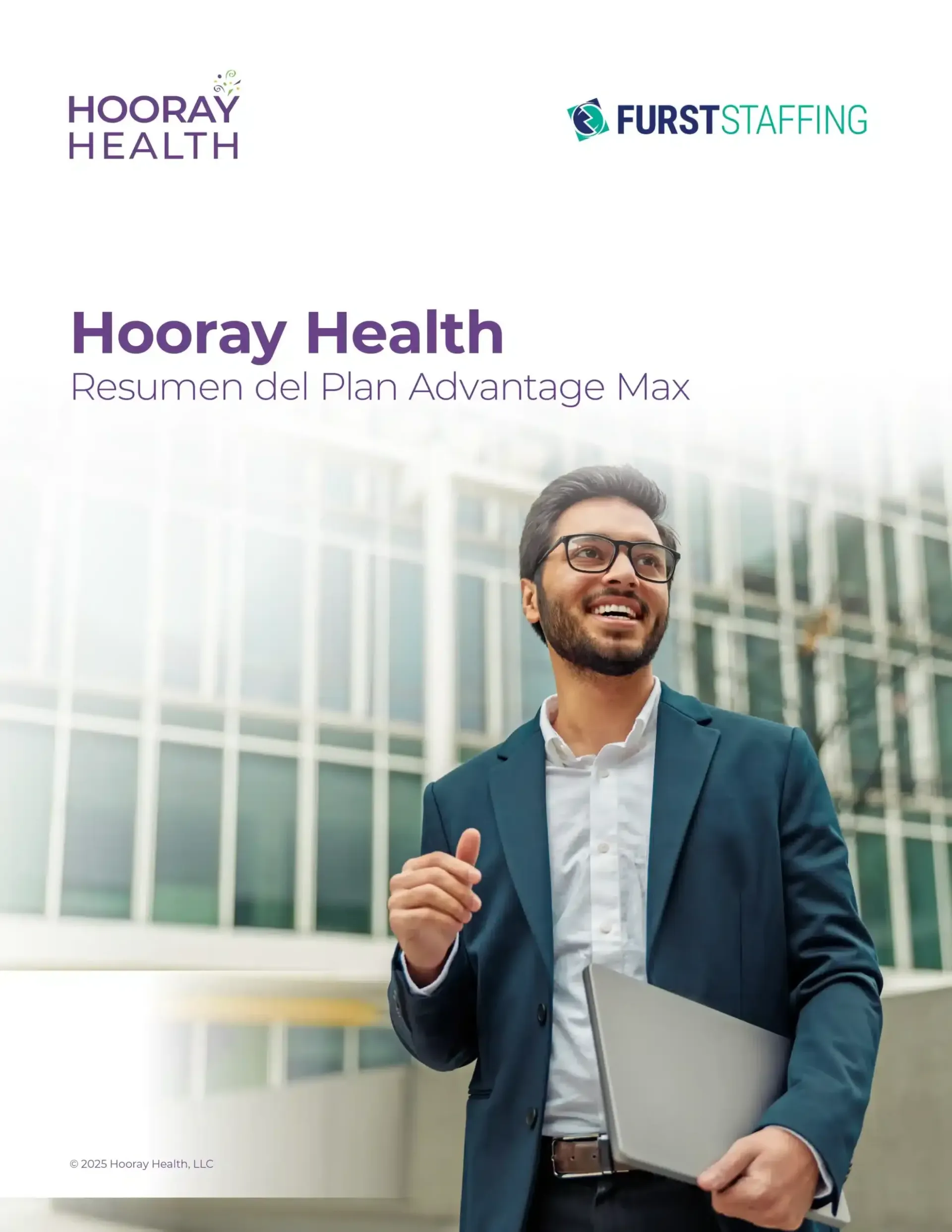 Hooray Health promotional poster with a smiling person in a blazer holding a folder outside a modern building