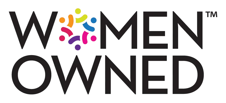 Women Owned logo in black with colorful circular icon at center