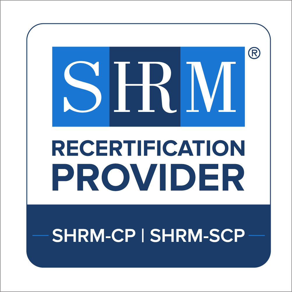 SHRM Recertification Provider badge with blue-and-white logo and SHRM-CP | SHRM-SCP text