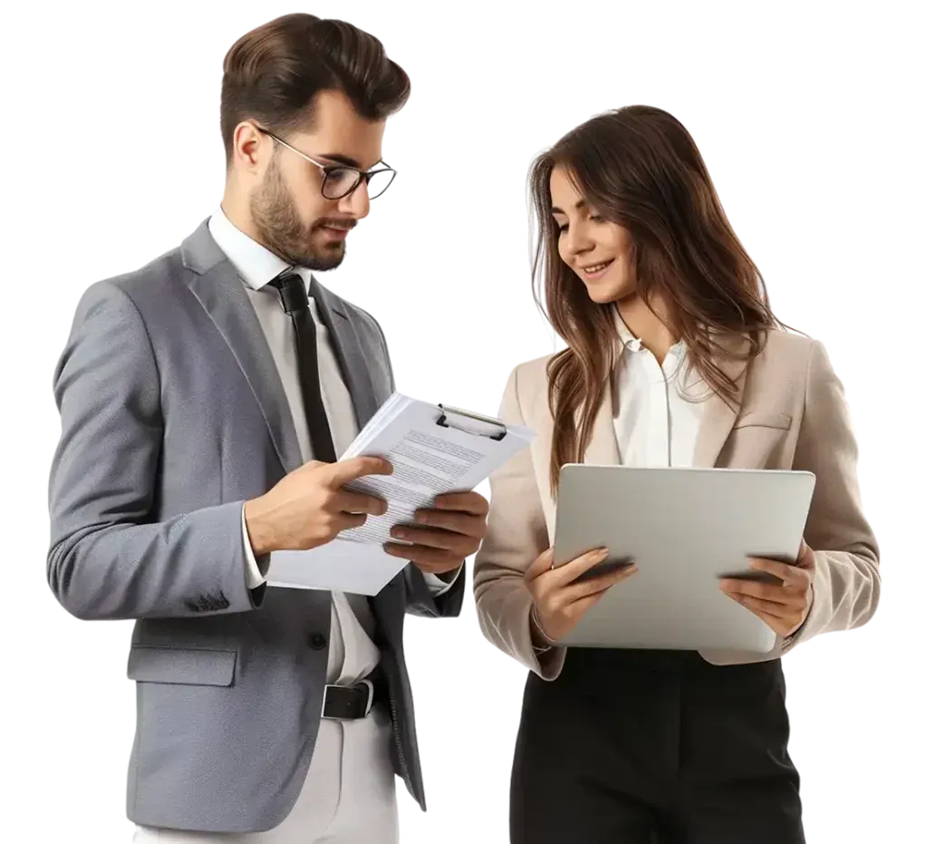 Two colleagues in business attire review documents together against a white background.
