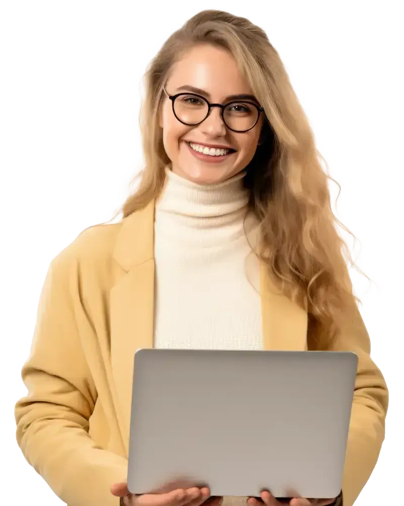 Smiling person with glasses holding a laptop, wearing a yellow blazer and white turtleneck on a white background