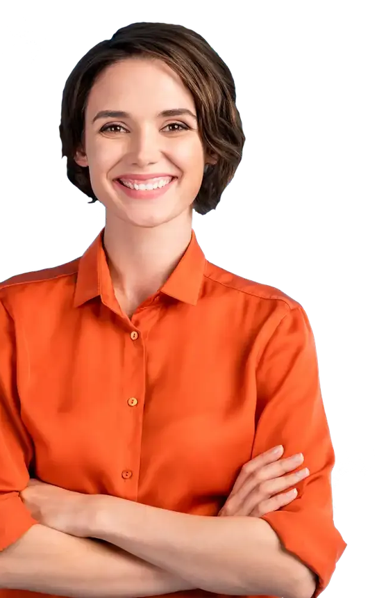 Smiling person in an orange shirt with arms crossed against a white background