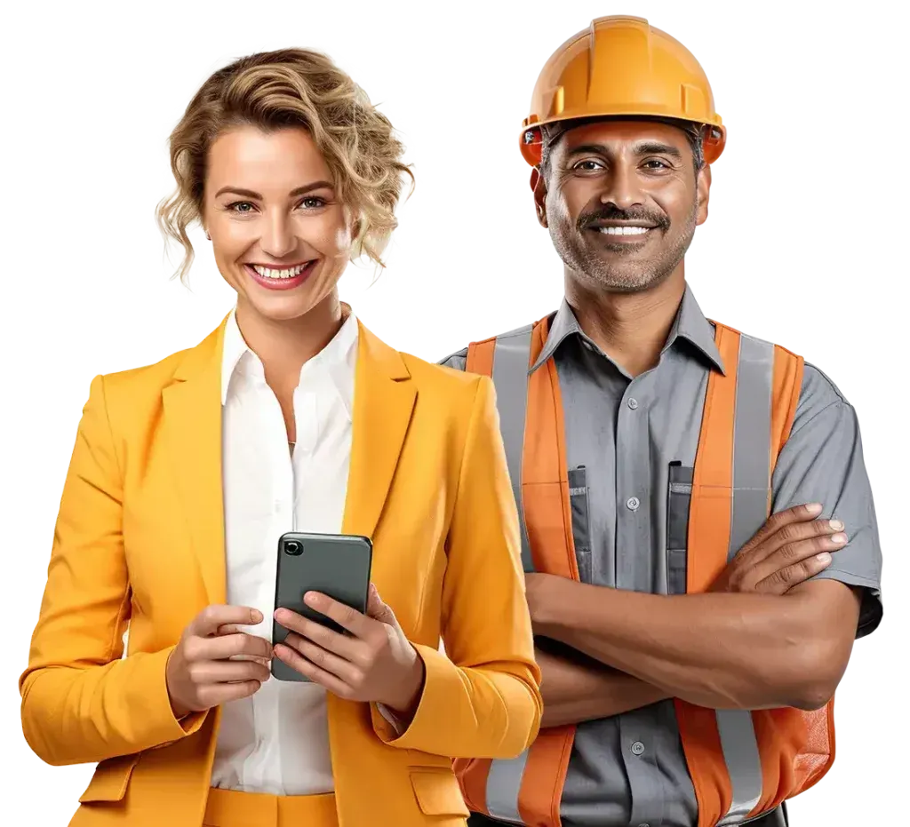 Two professionals in safety gear, one holding a smartphone and one in a hard hat with arms crossed
