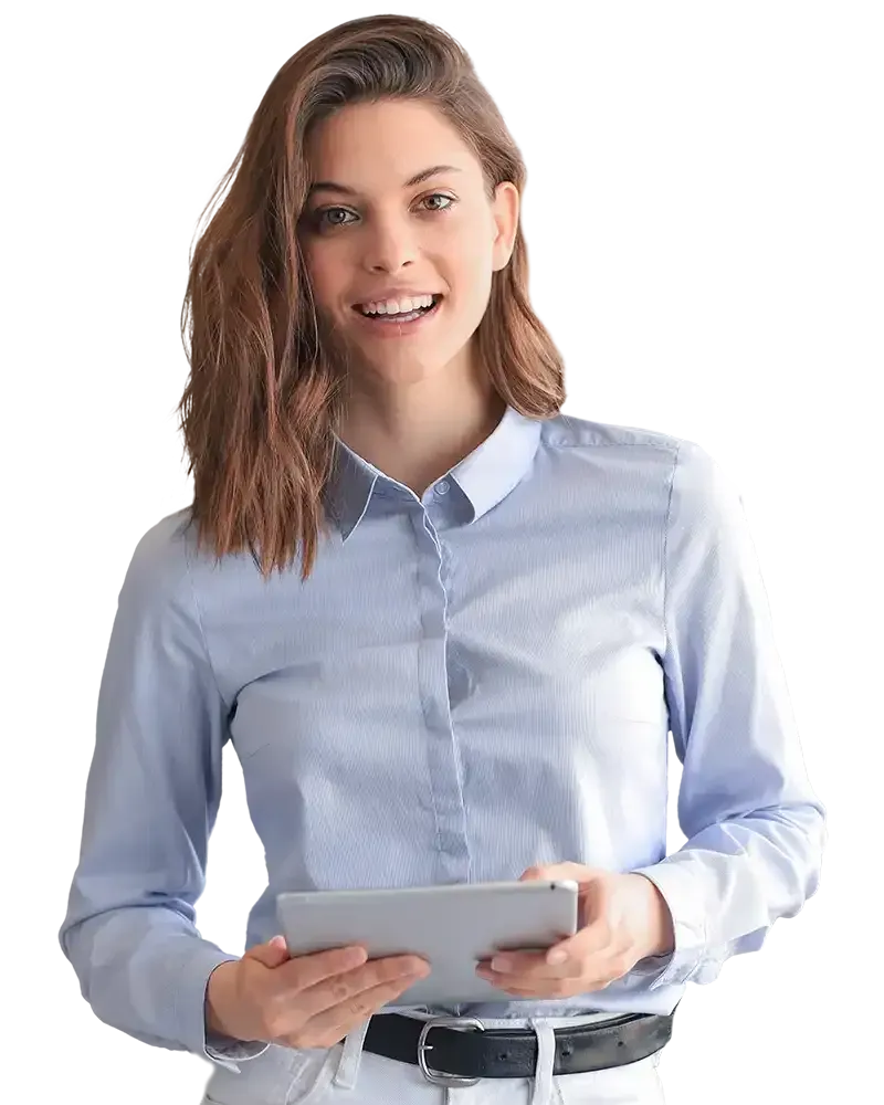 Smiling person in a light blue shirt holding a tablet against a white background