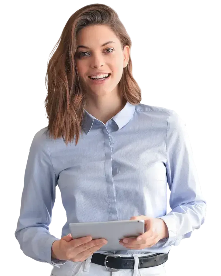 Smiling person in a light blue shirt holding a tablet against a white background