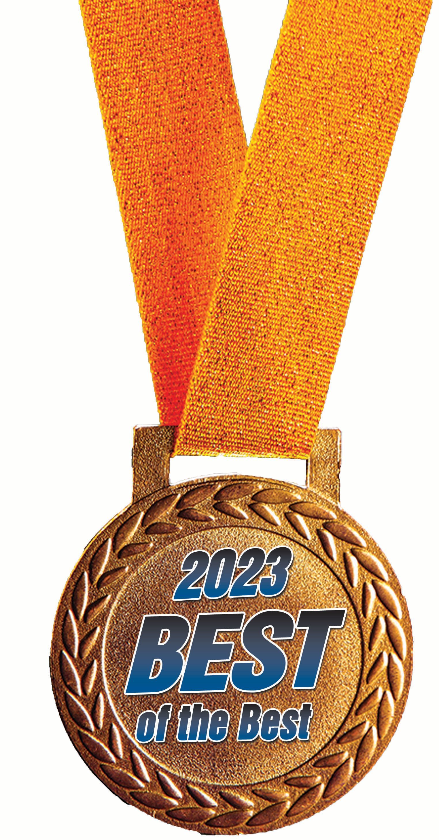 A gold medal with an orange ribbon that says `` best of the best ''.