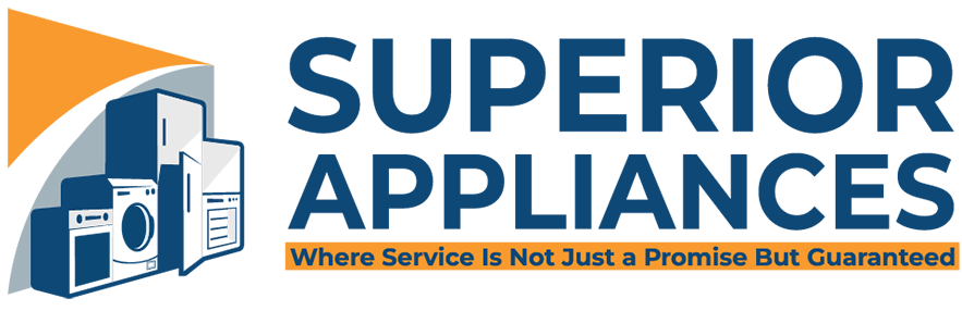 Logo for Superior Appliances with blue text and appliance graphic, orange accents, and tagline.