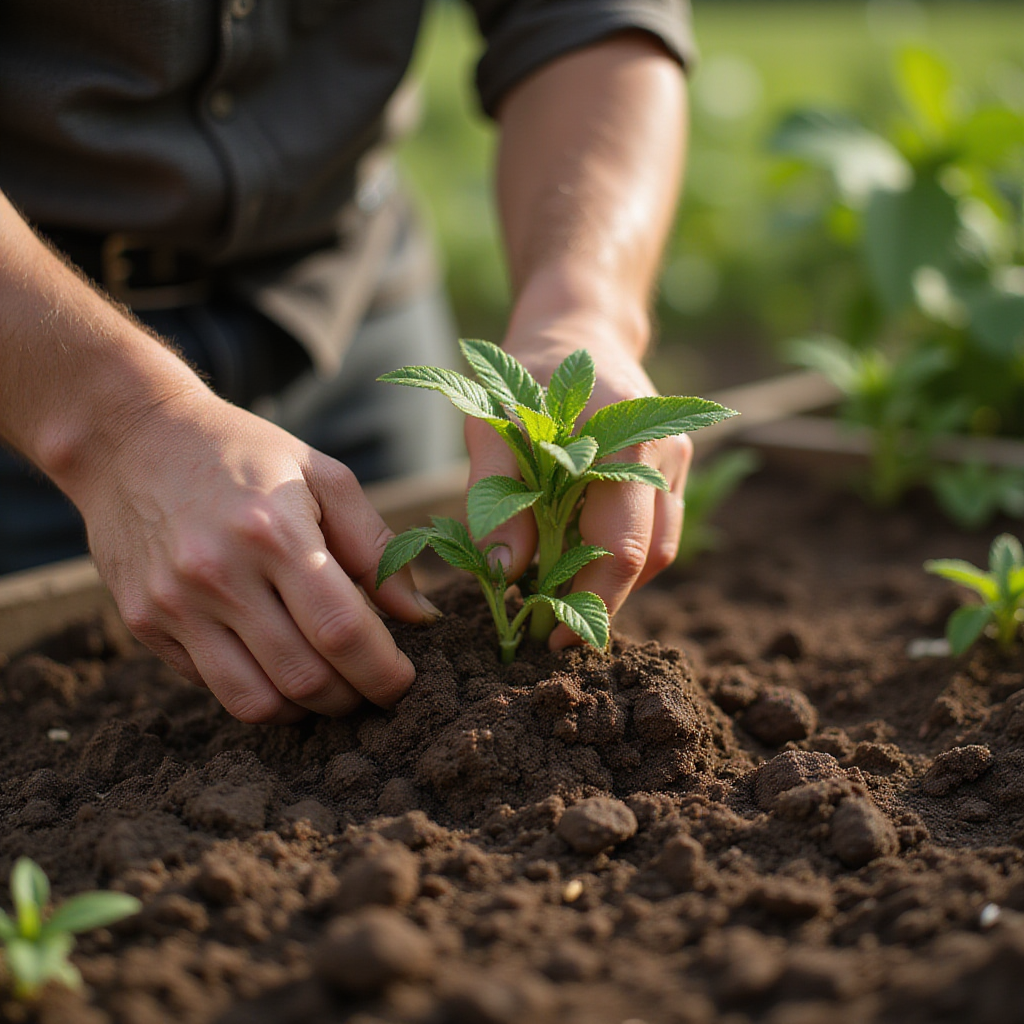 Person planting a seedling in a raised garden bed with dark soil, outdoors.
