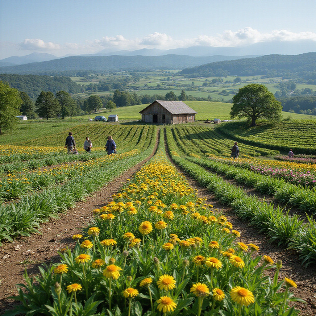 Rows of yellow flowers in a field lead to a barn, with mountains in the background. People tend the flowers.