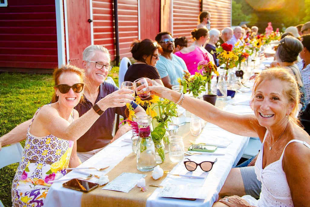 People at a long outdoor dinner table clink glasses; red barn in background.