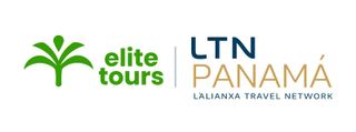 Logotipos de Elite Tours y LTN Panamá sobre fondo blanco, texto verde y azul con un icono de una palmera verde.