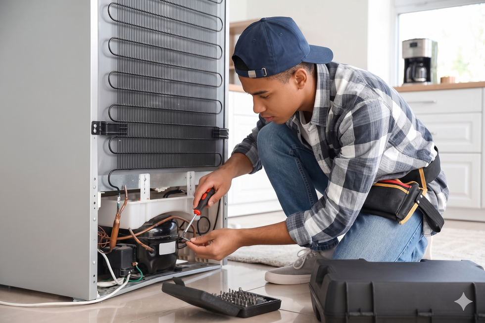 Technician repairing the inside of a white appliance with tools on a kitchen floor