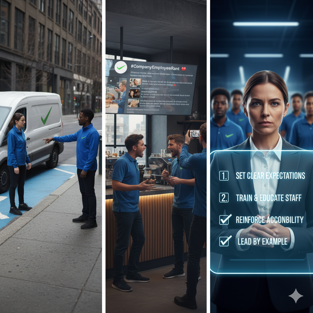 A three-panel image on employee behavior and brand impact.