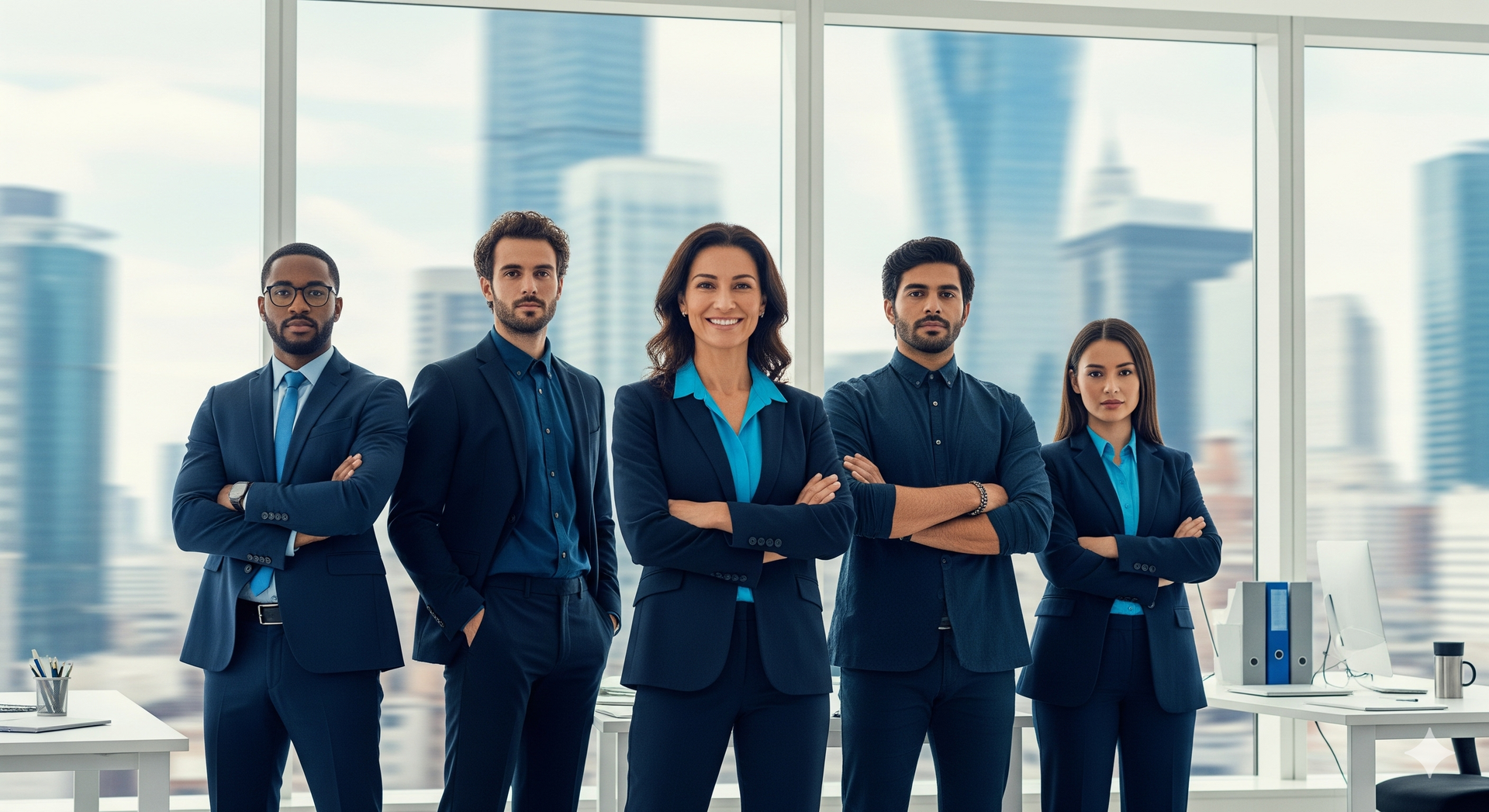 Diverse business team stands united in a modern office.