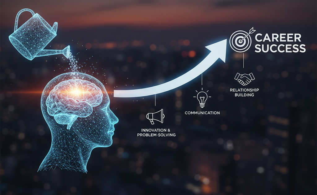 Conceptual image: skills watering brain leads to career success