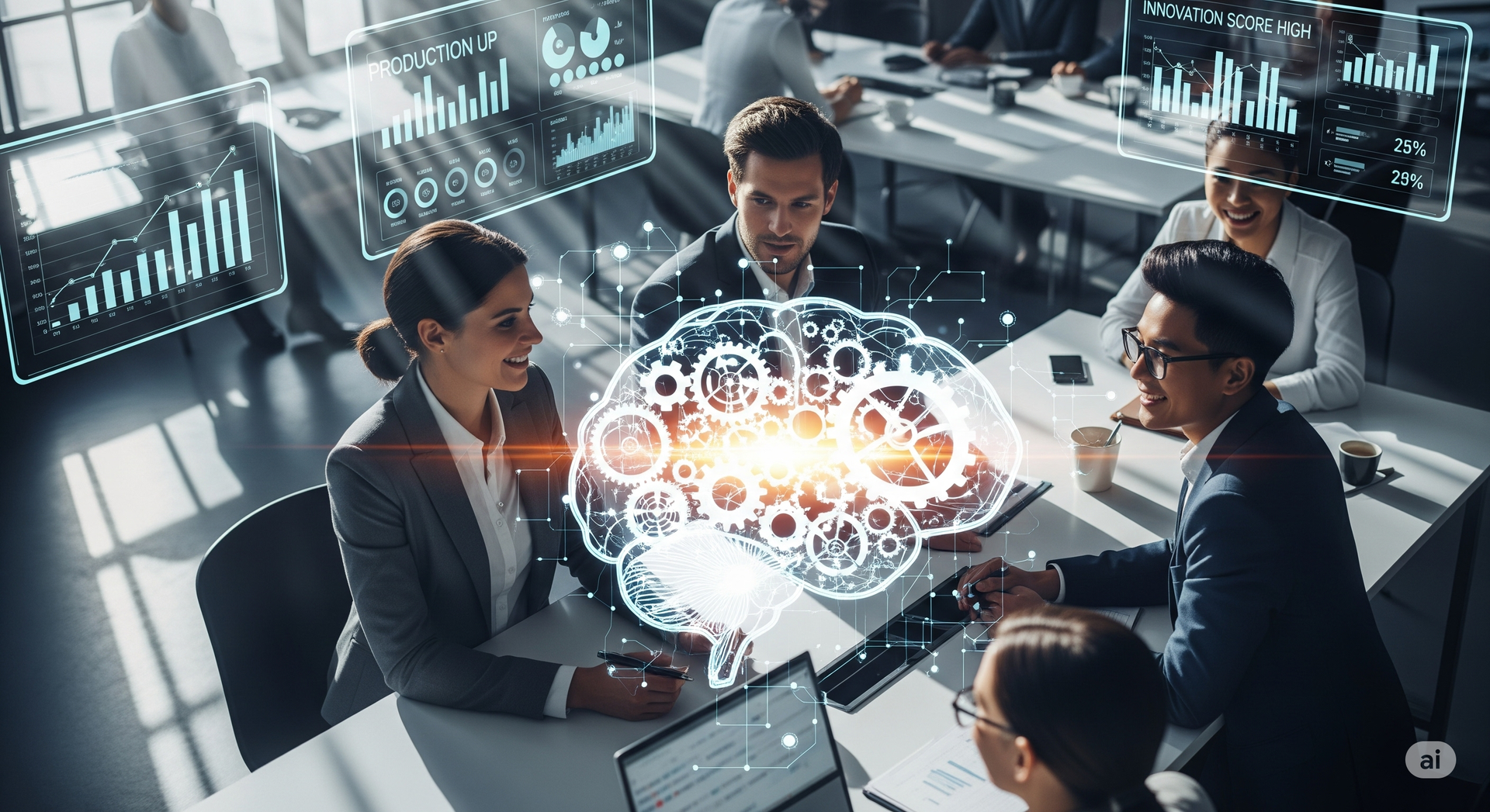 A diverse business team with a holographic brain overlay.