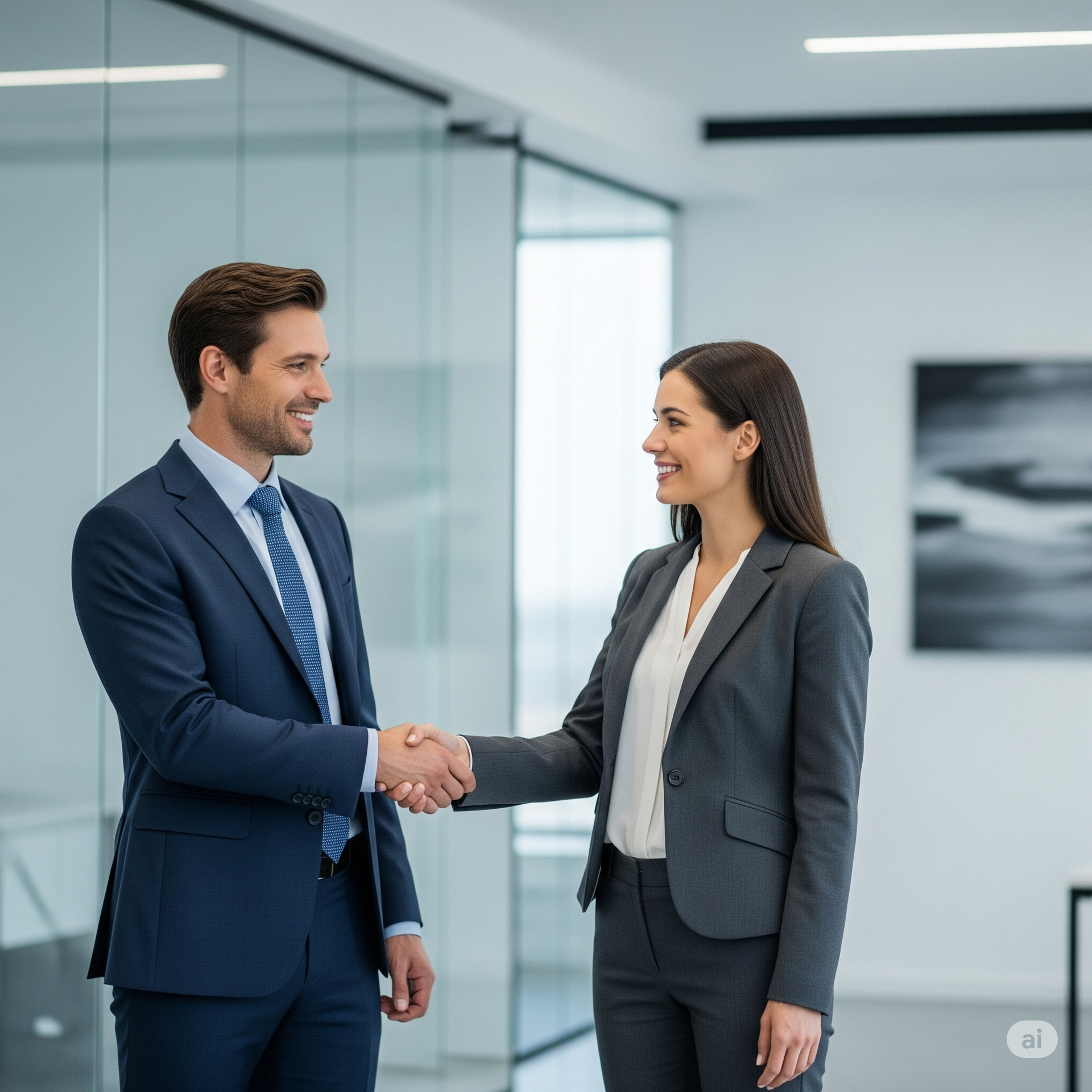 Businesspeople shaking hands in a modern office.