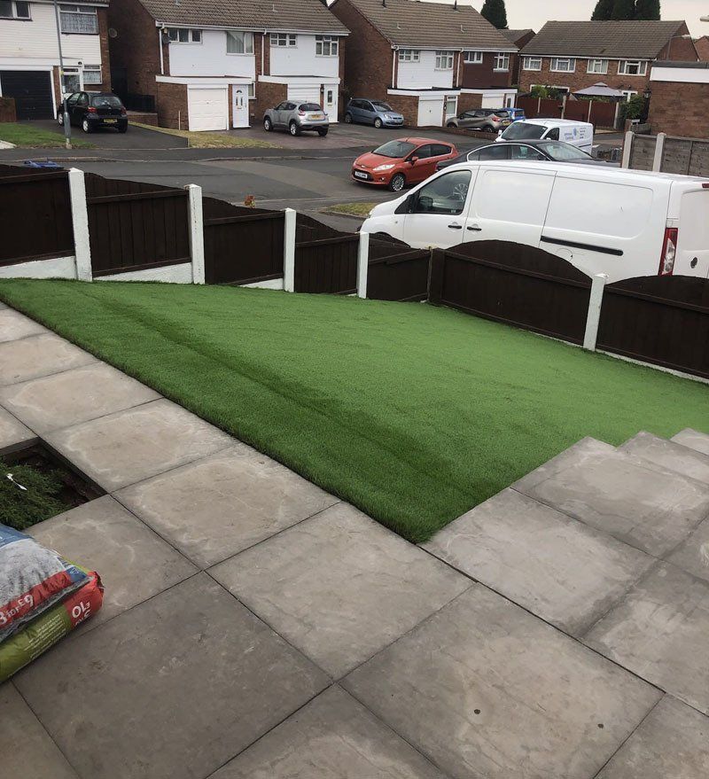 lawn and patio slabs