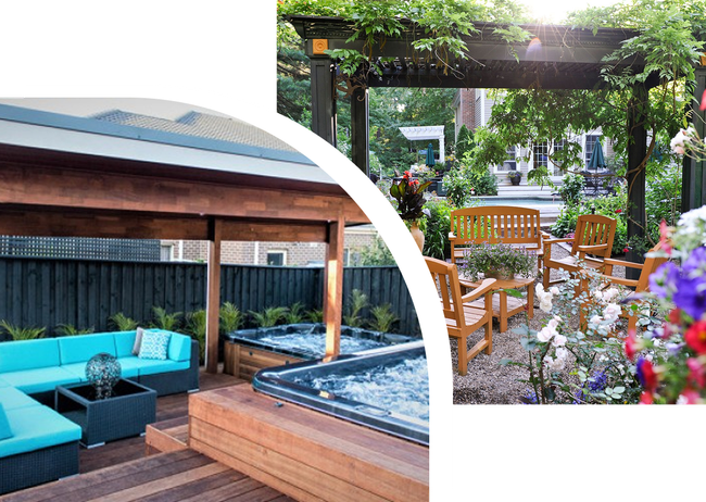 There is a hot tub under a pergola in the backyard.