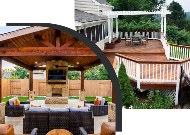 A picture of a patio with a fireplace and a deck.