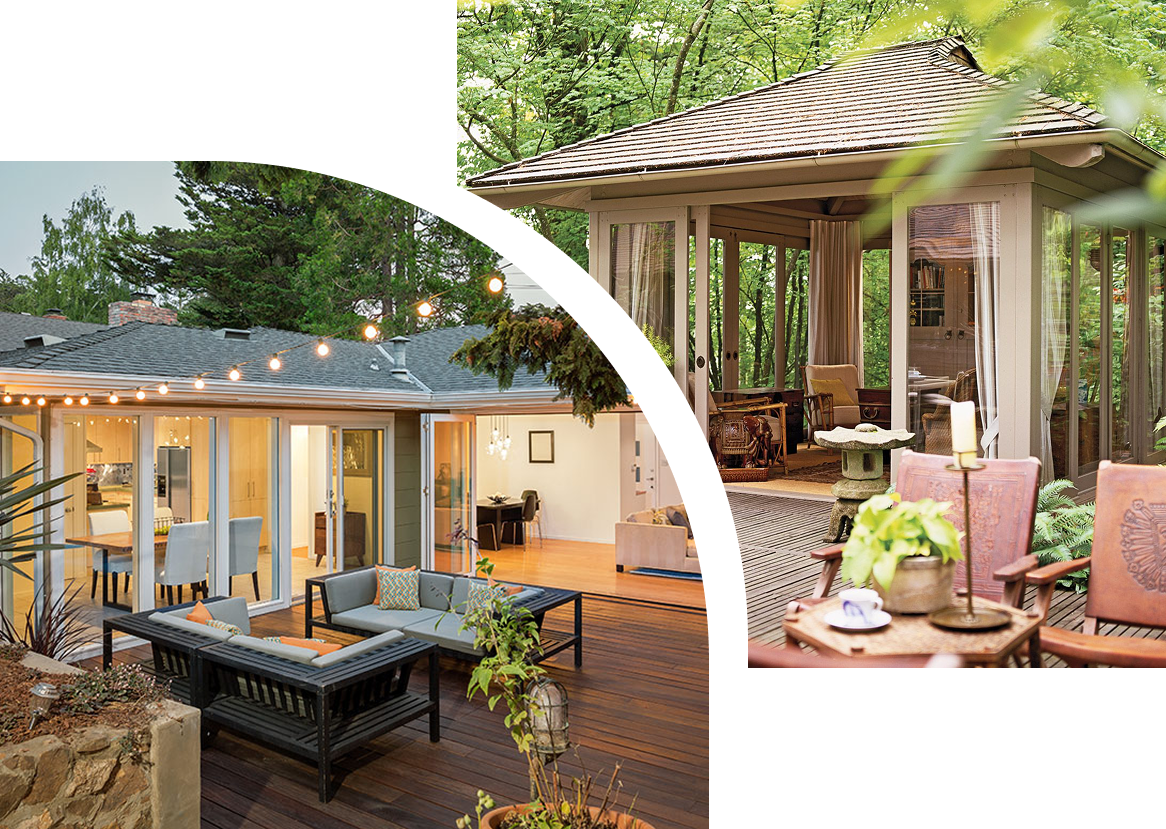 There is a picture of a house and a picture of a patio.