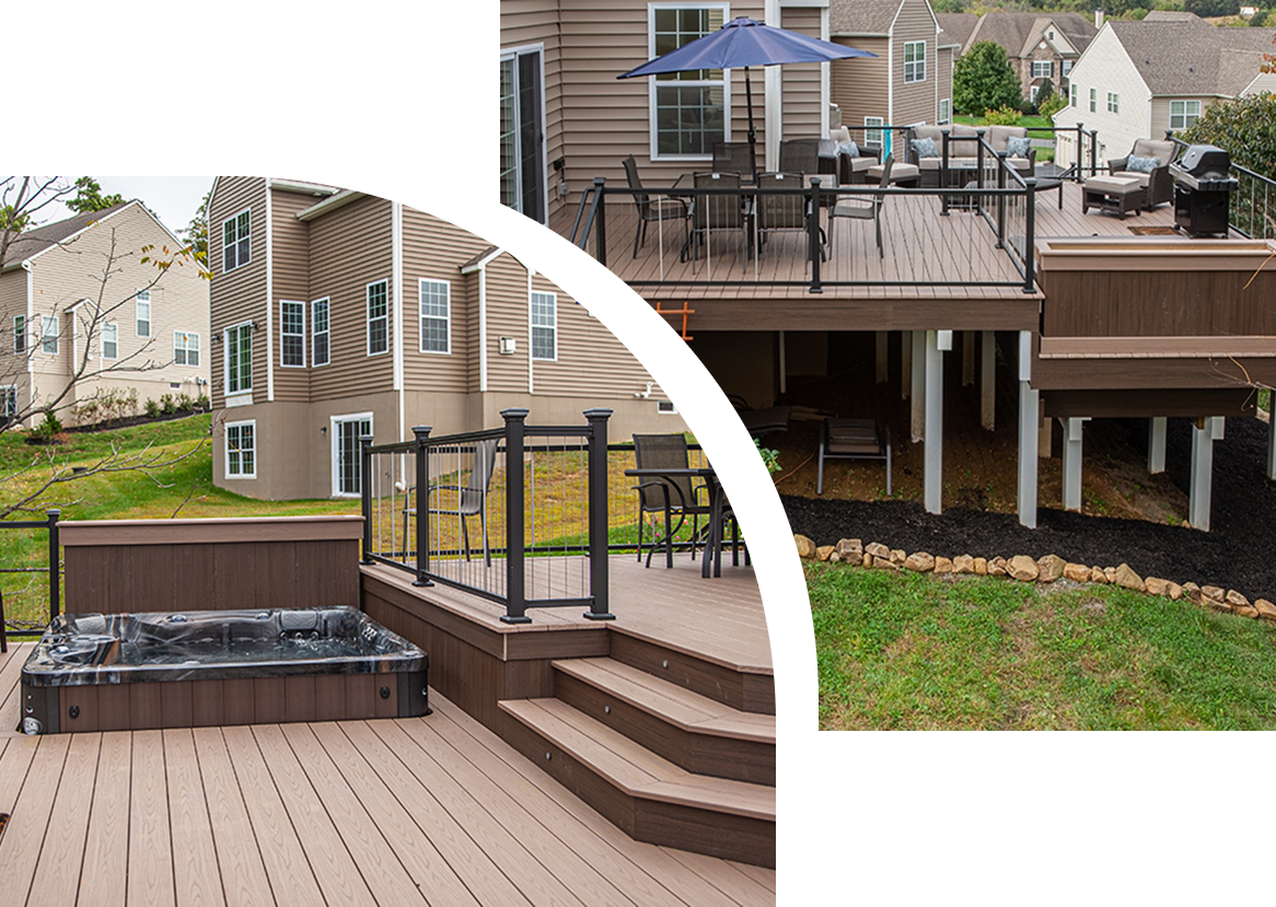 There is a hot tub on the deck of a house.