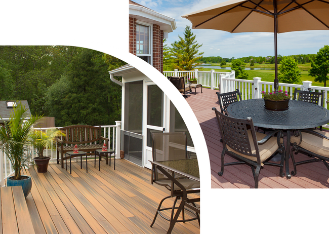 A deck with a table and chairs and an umbrella