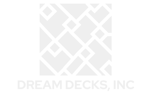 A white logo for a company called dream decks , inc.