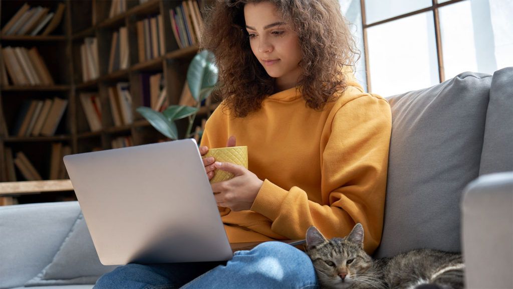 Mulher sentada em um sofá com um laptop e uma caneca, gato por perto. Luz solar, estantes de livros ao fundo.