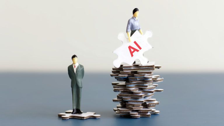 Conceito de Inteligência Artificial Generativa representado por profissionais conectando peça de quebra-cabeça com a sigla AI.