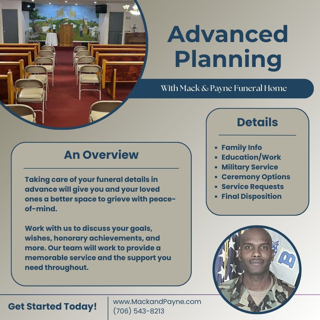 Funeral home advertisement: Offers advanced planning services. Details include family info, education, and ceremony options. Features a photo of a person in military uniform.