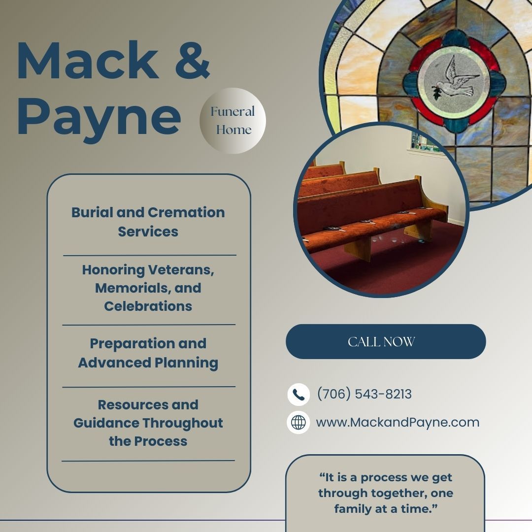 Funeral home advertisement. Text: Mack & Payne, services, call now, website. Photos of a chapel and stained glass window.