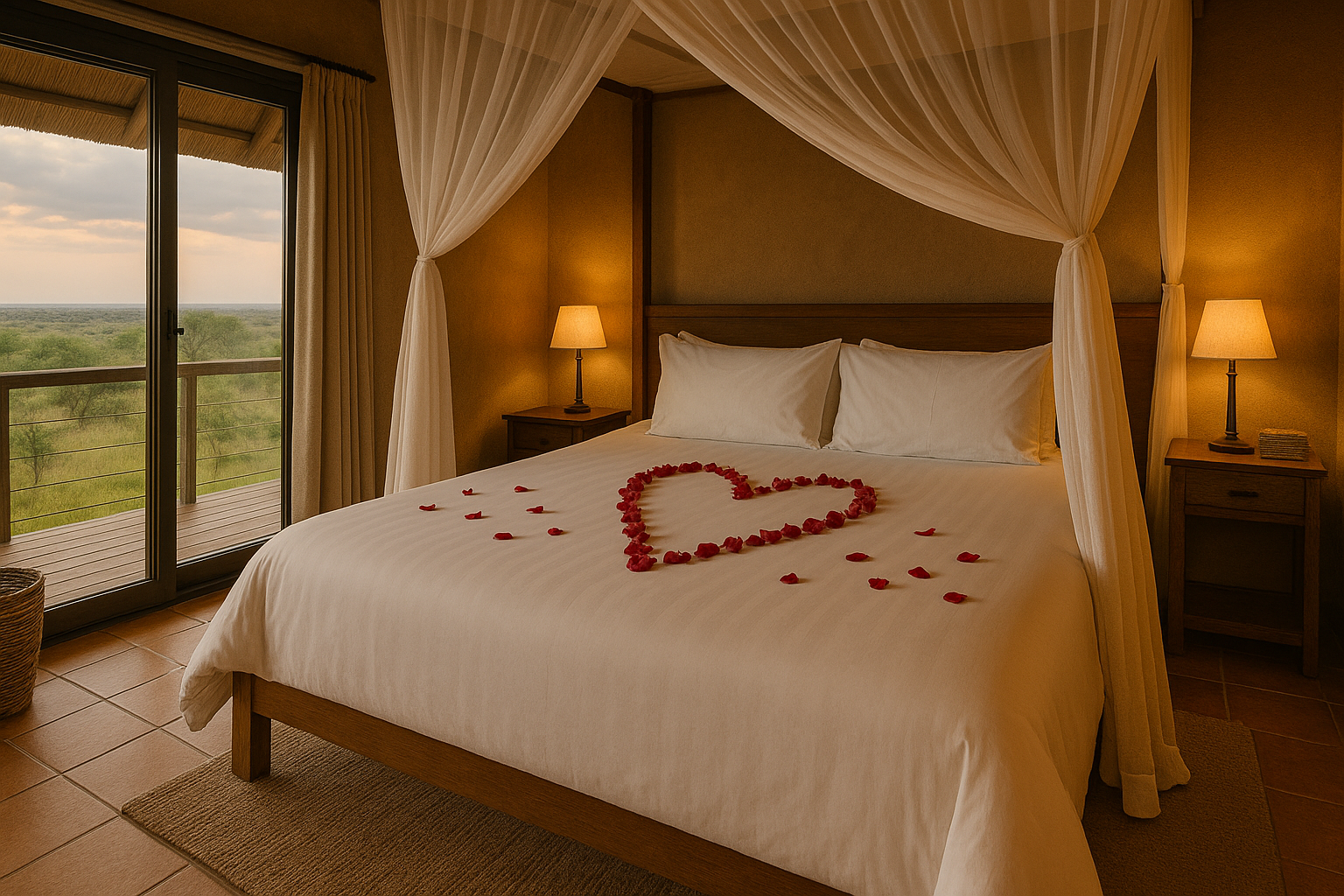 A bed with a canopy and a heart made of rose petals on it.