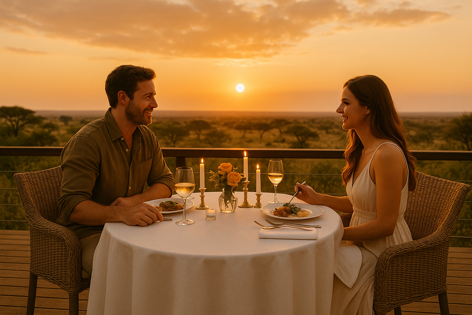 A man and a woman are sitting at a table with a view of the sunset.