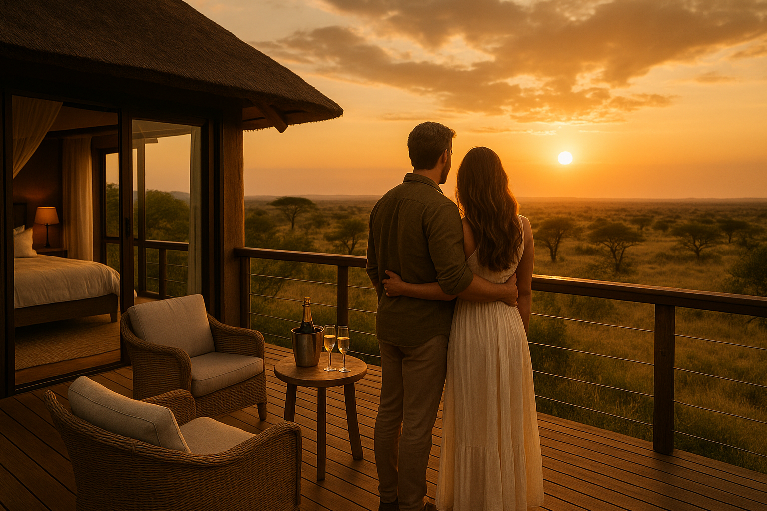 A man and a woman are standing on a balcony looking at the sunset.