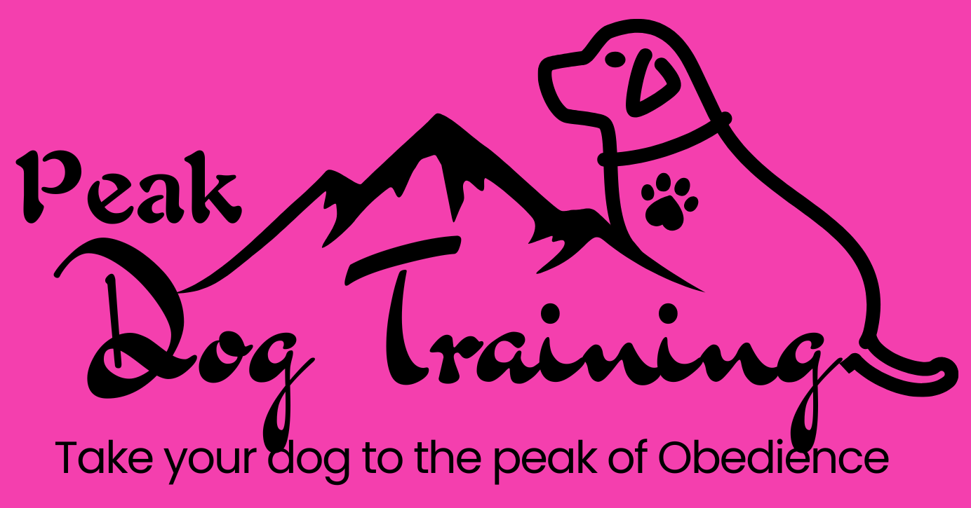 Pink logo: black silhouette of a dog, mountains, and text "Peak Dog Training". Tagline: "Take your dog to the peak of Obedience."