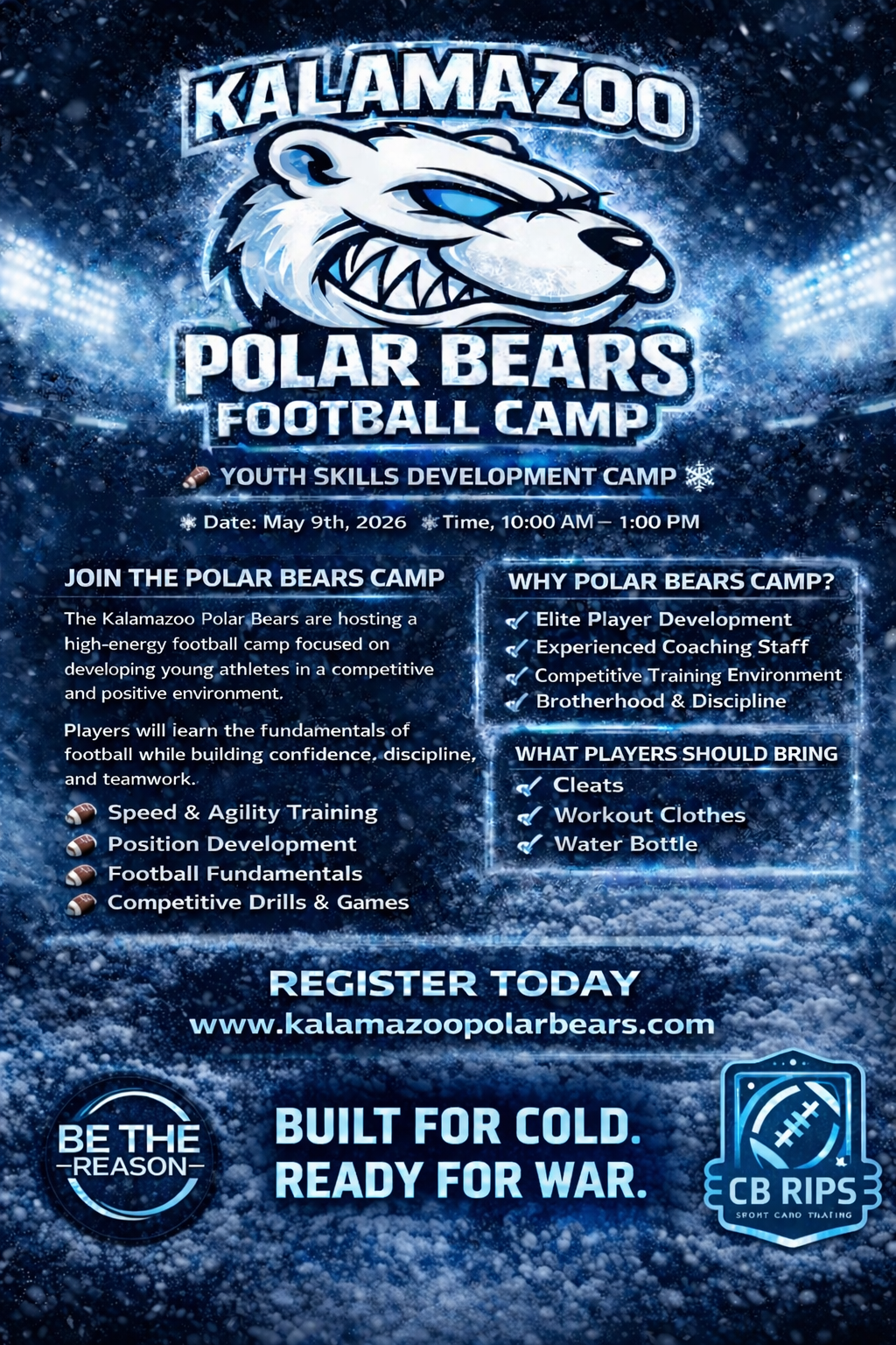 Kalamazoo Polar Bears football camp flyer with white bear logo, blue icy background, and register today text