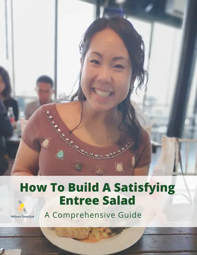 Woman smiles, holding a plate, text overlay: 