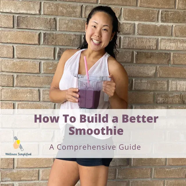 Woman holding smoothie in front of brick wall, text reads 